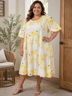 Nwt.  Plus Floral Swing Dress in Yellow and White
